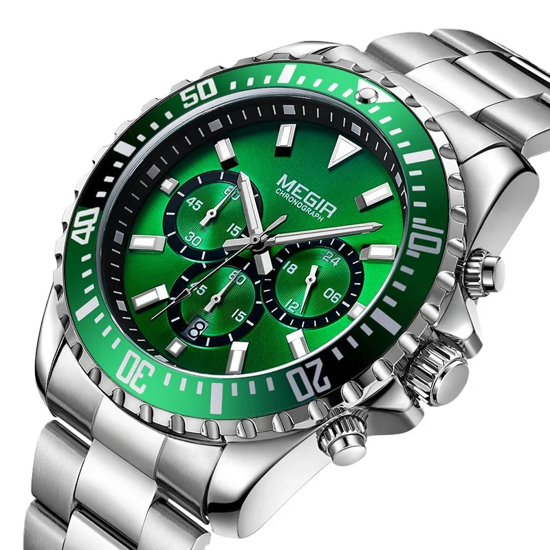 MEGIR 2064 New Men Business Wristwatch Gift Chronograph Date Waterproof Quartz Watches Luxury Stainless Steel Sport Mens Watch
