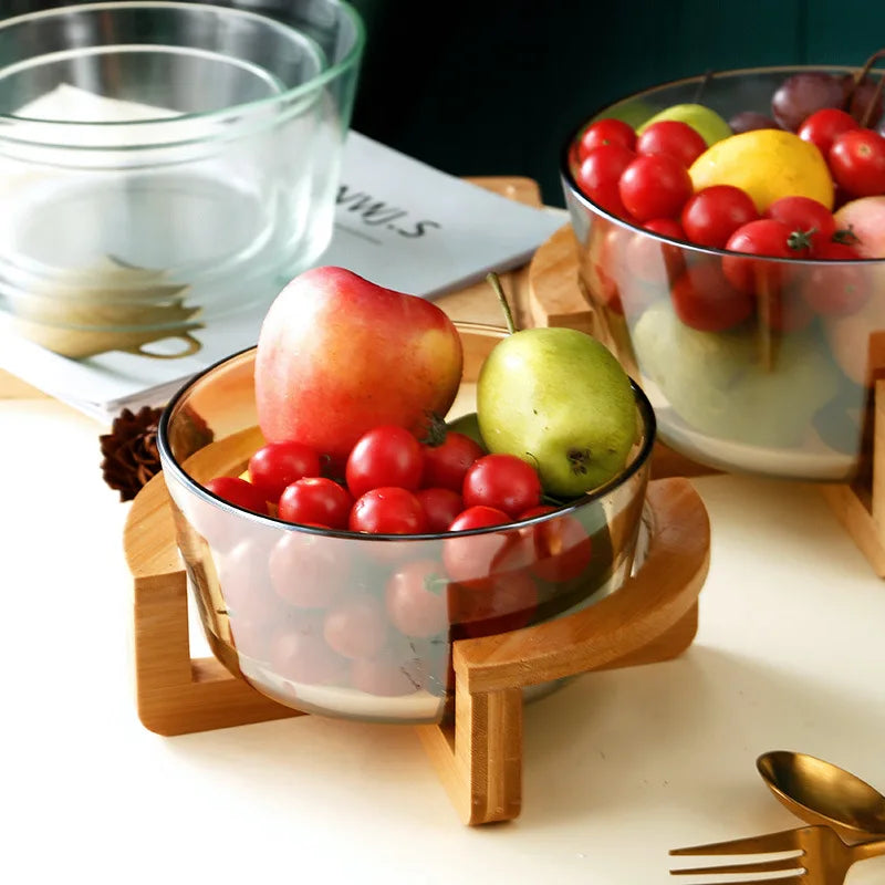 Classic Bamboo Base Glass Eco-Friendly Fruit Bowl Customized Technique Simple Fruit Basket Home Snack Plate Living Room Salad