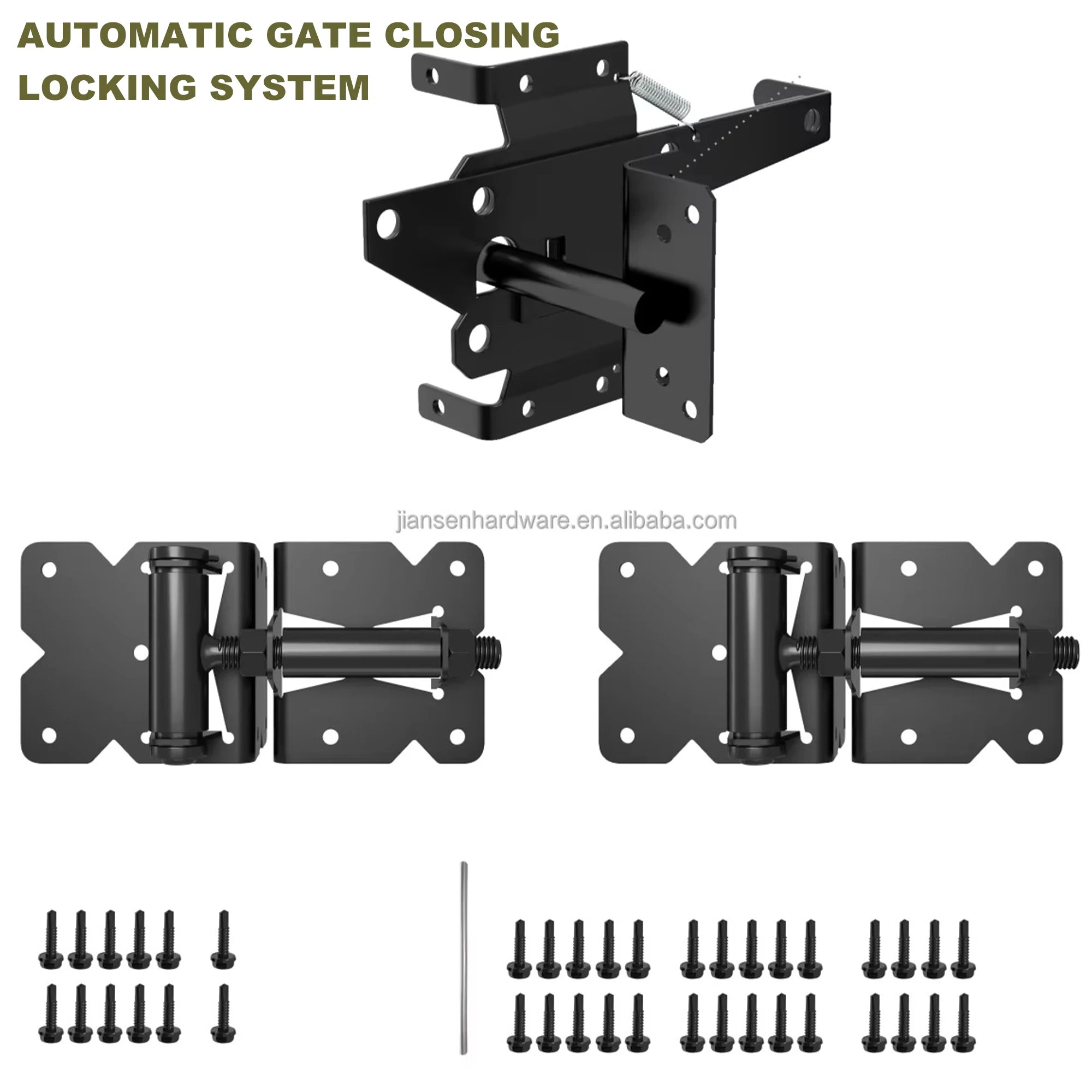 Complete Self-Closing Gate Hinges + Gravity Latch Combo Kit Steel 120lbs Load Automatic Locking Pool Safety Fence Hardware
