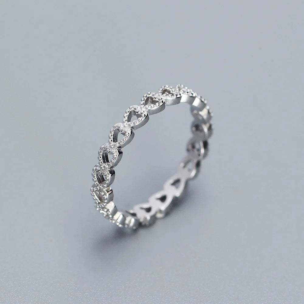 A Row Hollow Out Heart Fine Jewelry Women Cute Love 925 Sterling Silver Finger Rings