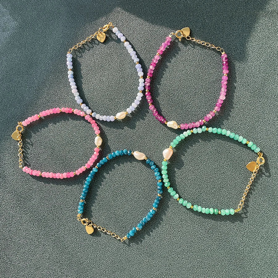 Creative Colorful Natural Stone Beaded Bracelet Vintage Fresh Water Pearl Stainless Steel 18k Gold Stacked Bracelet for Women
