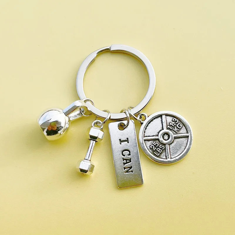 Wholesale Fitness Yoga Gym Friendship Keychain Custom Strength Sports Barbell Dumbbell Kettlebell Pendant Keyring for Gifts