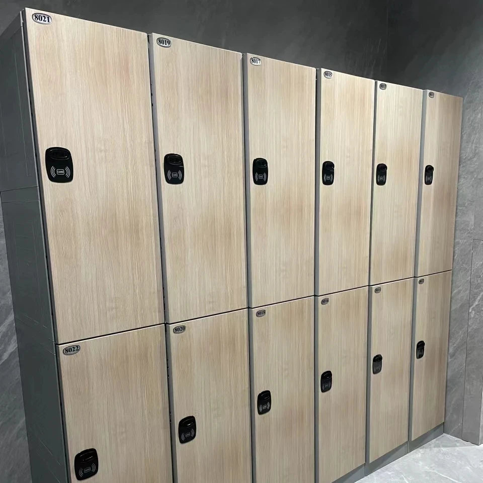 Durable Waterproof ABS Plastic Storage Locker Woodgrain Wardrobe Design for Gym or Changing Room Use