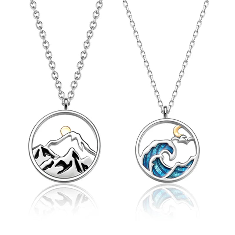 Trendy Luxury Silver Color Personality Mountain Sea Sun Moon Pendant Couple Necklace Gift New Hot Selling