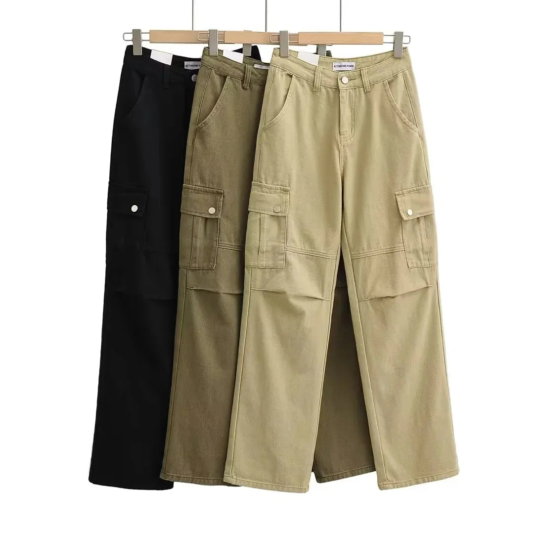 Women's High Waist Vintage Style Sports Pants Windproof Soft Oversize Cargo Jeans Solid Pattern Plus Size for Active Outdoors