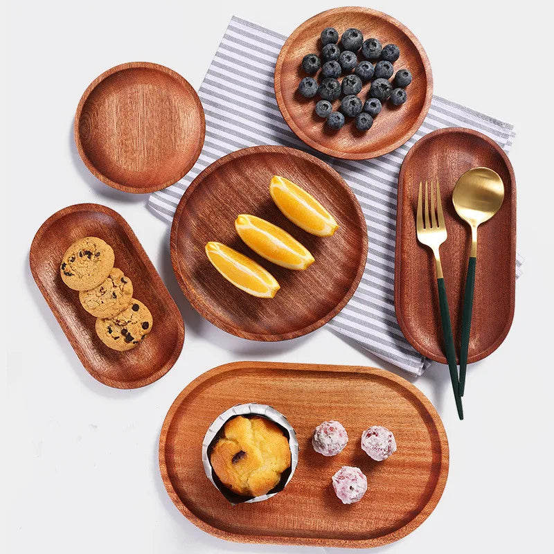 Round Oval Saucer Set Black Ebony Wooden Dinner Plate Saucer Dried Fruit Saucer  Small Wood Serving Tray for Decoration
