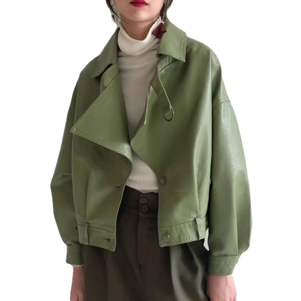 Custom Wholesale Pea Green Leather Coat Women's Oversized Casual Solid Leather Jackets Pu Leather Motorcycle Jacket