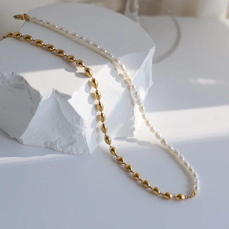 Kalung Women Stainless Steel Freshwater Mother of Pearl Chain Jewelry 18K PVD Gold Plated Rice Bead and Pearl Necklace Choker