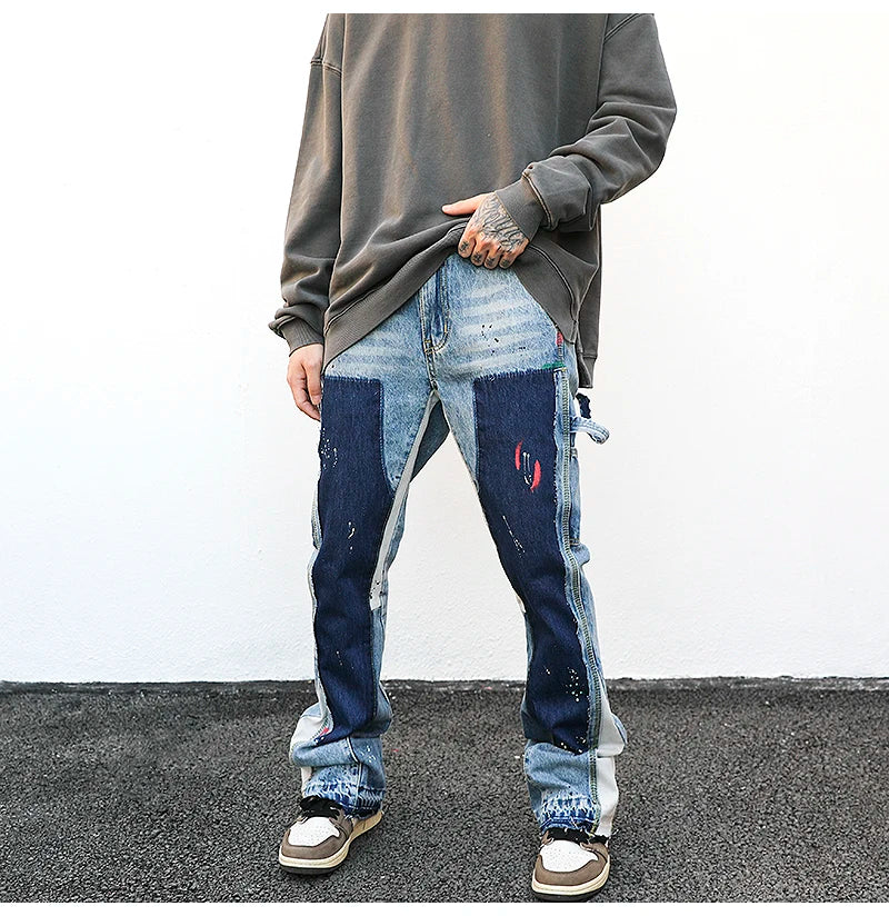 OEM FOG Private Blue Fashion Brand Drop Shipping Stock Brushed Paint Denim Boot Cut Jeans Men