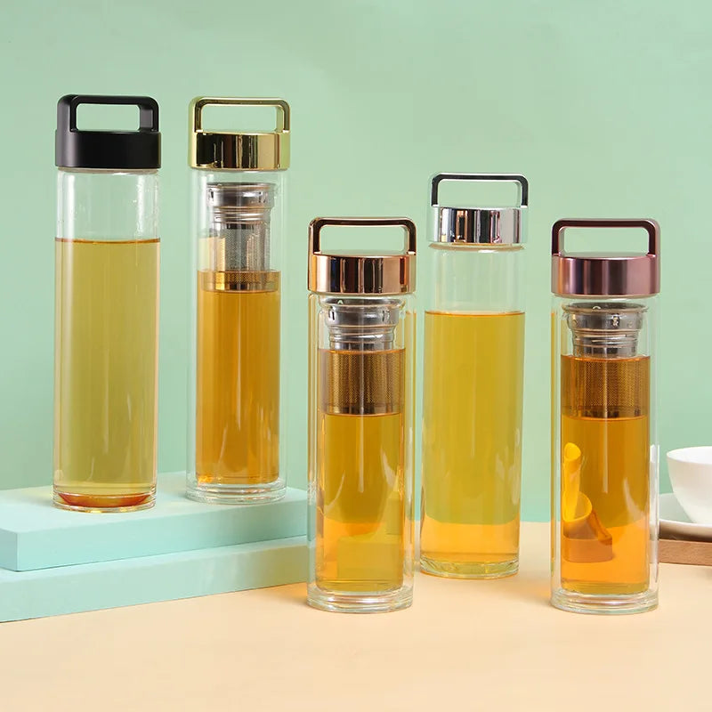 High Borosilicate 550ml Double Wall Glass Water Bottle Customized Bamboo Lid Strainer-Direct Drinking Boiling Water Applicable