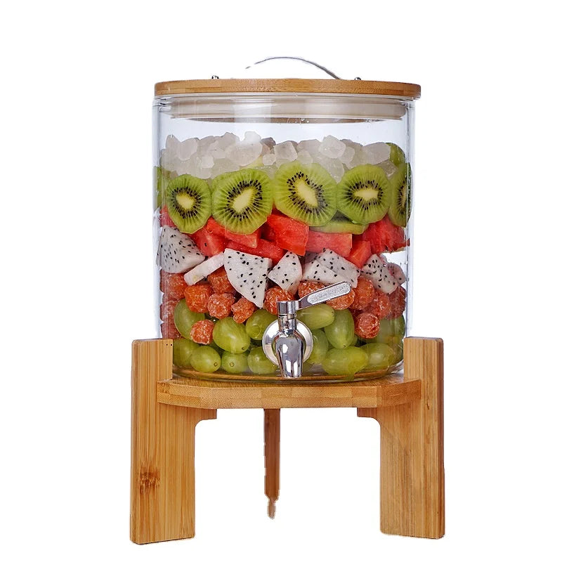 Enzyme Barrel with Lid Waterproof and Impermeable Transparent Storage Glass Jar Food Container with Wooden Tray and Metal Tap