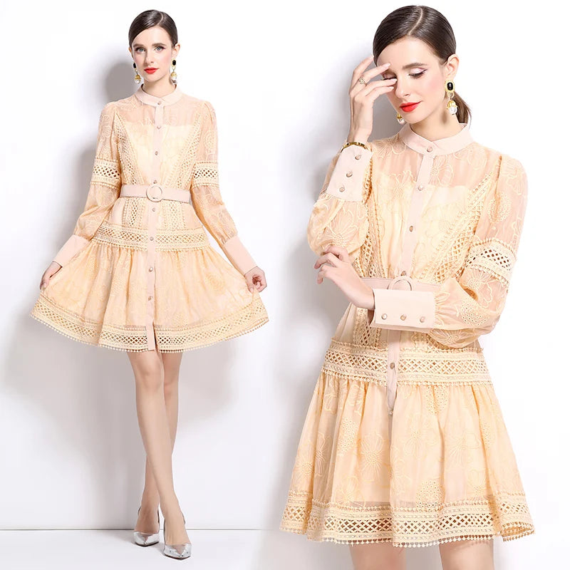 Casual Print Dress Spring New Lace Panel Single-breasted Stand-up Collar Oversized Dress Women
