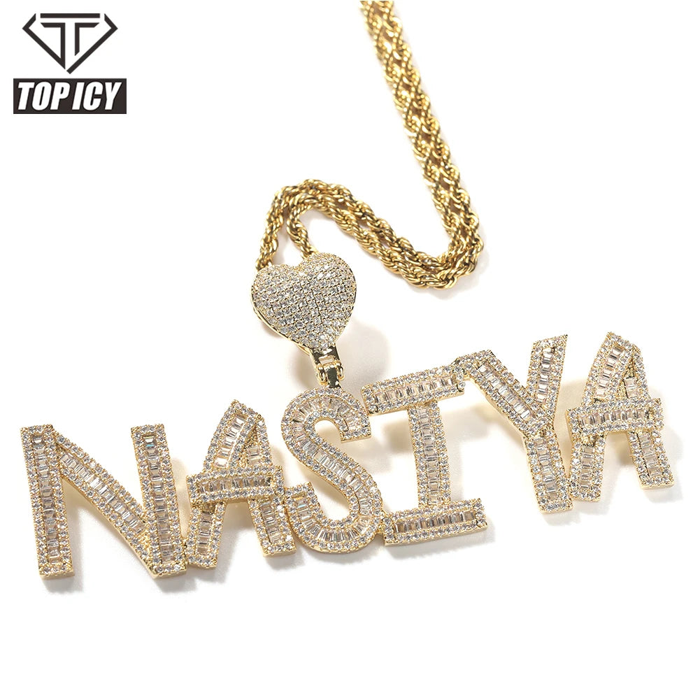 TOP ICY Custom Name Baguette Initial Pendant Necklace 18K Gold Plating Heart Hook for Anniversary Occasions Hip Hop Style Third