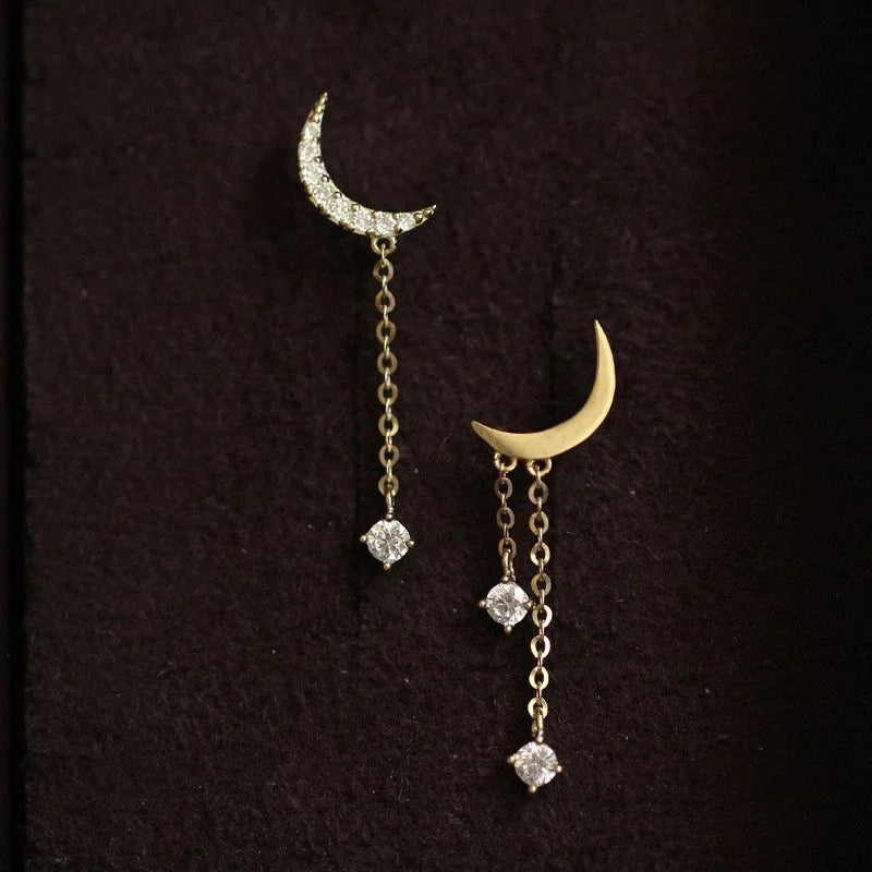 Fancy Trendy Pure 925 Sterling Silver Asymmetrical Crescent Moon Shape Stud Earrings for Women Girls Jewelry
