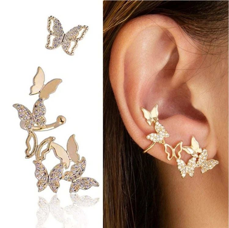 G197 Pierced Earrings Clips Asymmetry Ear Cuff Jewelry Women Butterfly Ear Studs