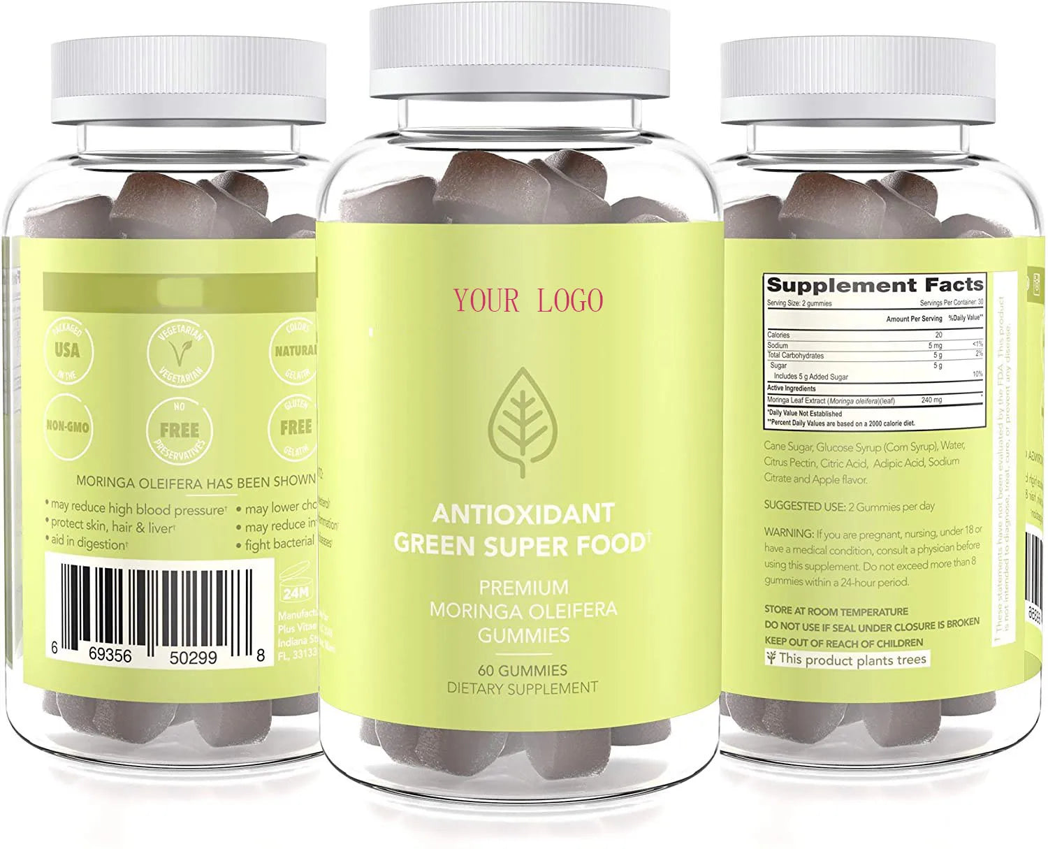 OEM Supplements Moringa Oleifera Leaf Powder 60-Gram Gummy Candy Customizable Shapes Flavors Adult Immunity Support Custom Brand