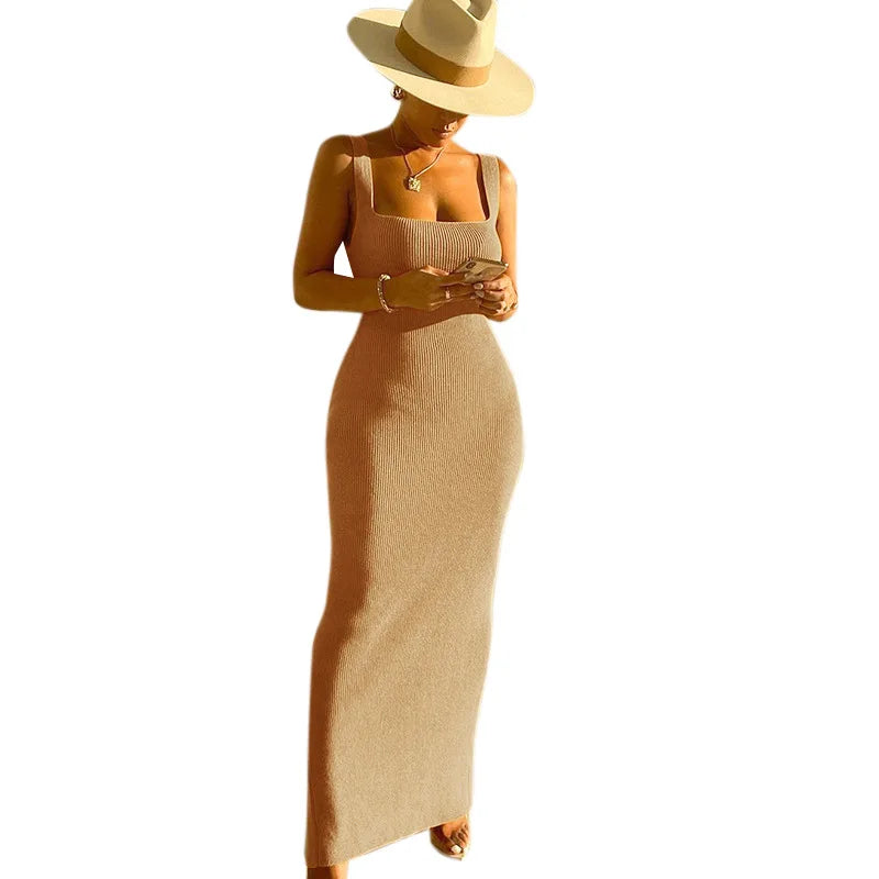 XS-L  Summer New Solid Square Neck Sleeveless Thread Tank Top Casual Long Dress