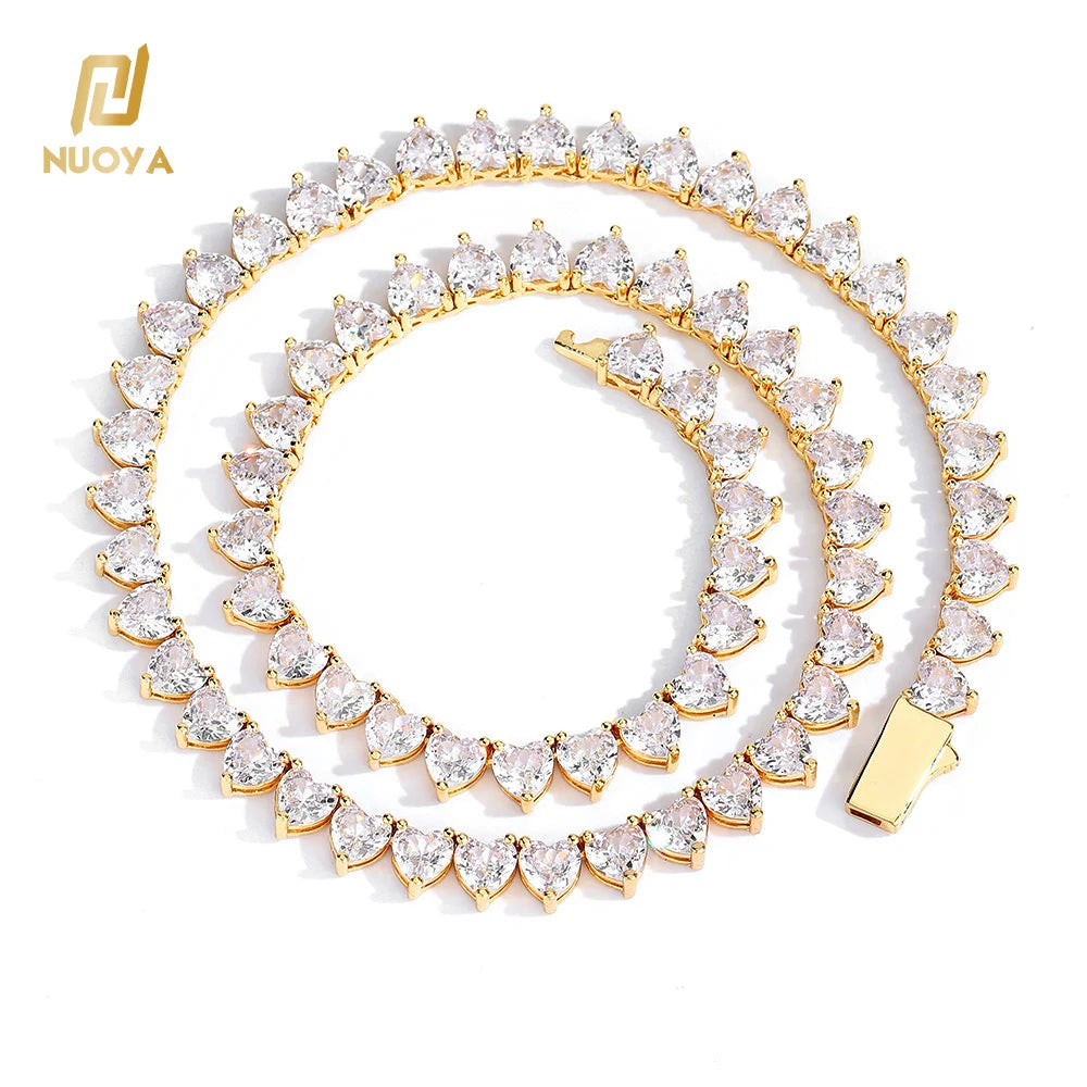 NUOYA New Style Hiphop Jewelry 18K Gold Plated Iced Out Tennis Chain Heart Shape Cubic Zirconia Tennis Chain Necklace for Women