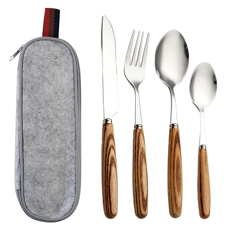 Portable Travel Cutlery Set with Case Reusable Stainless Steel Flatware Set Brown Pattern Handle Camping Utensils for Lunch