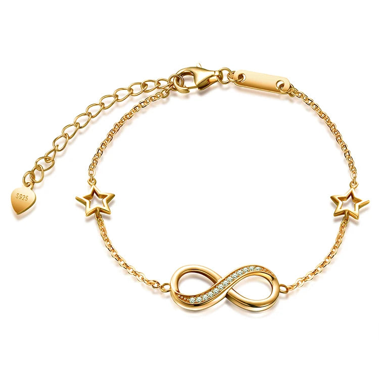 Wholesale Women's Gold Plated 925 Sterling Silver Zircon Infinity Symbol Star Charm Bracelets-Romantic Gift for Wedding Party