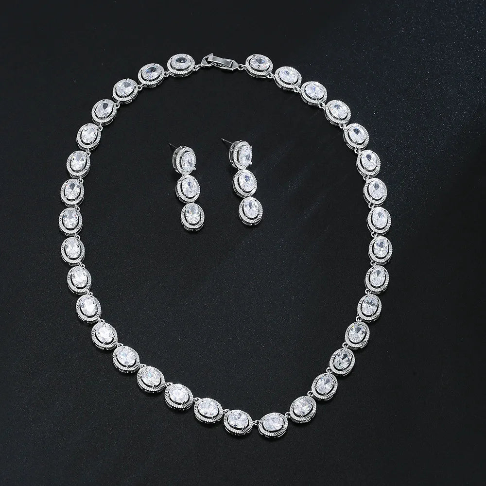 LUOXIN Fashion Oval Cubic Zircon Necklace Earrings Jewelry Set Silver Plated Bridal Jewelry Set