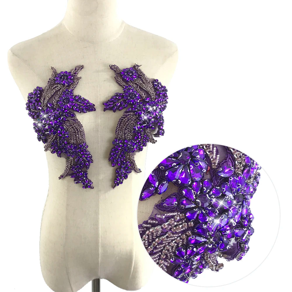 W018 New Rhinestone Beaded Tulle Beaded Applique Trimming Beads Crystals Rhinestones for Gown Dress