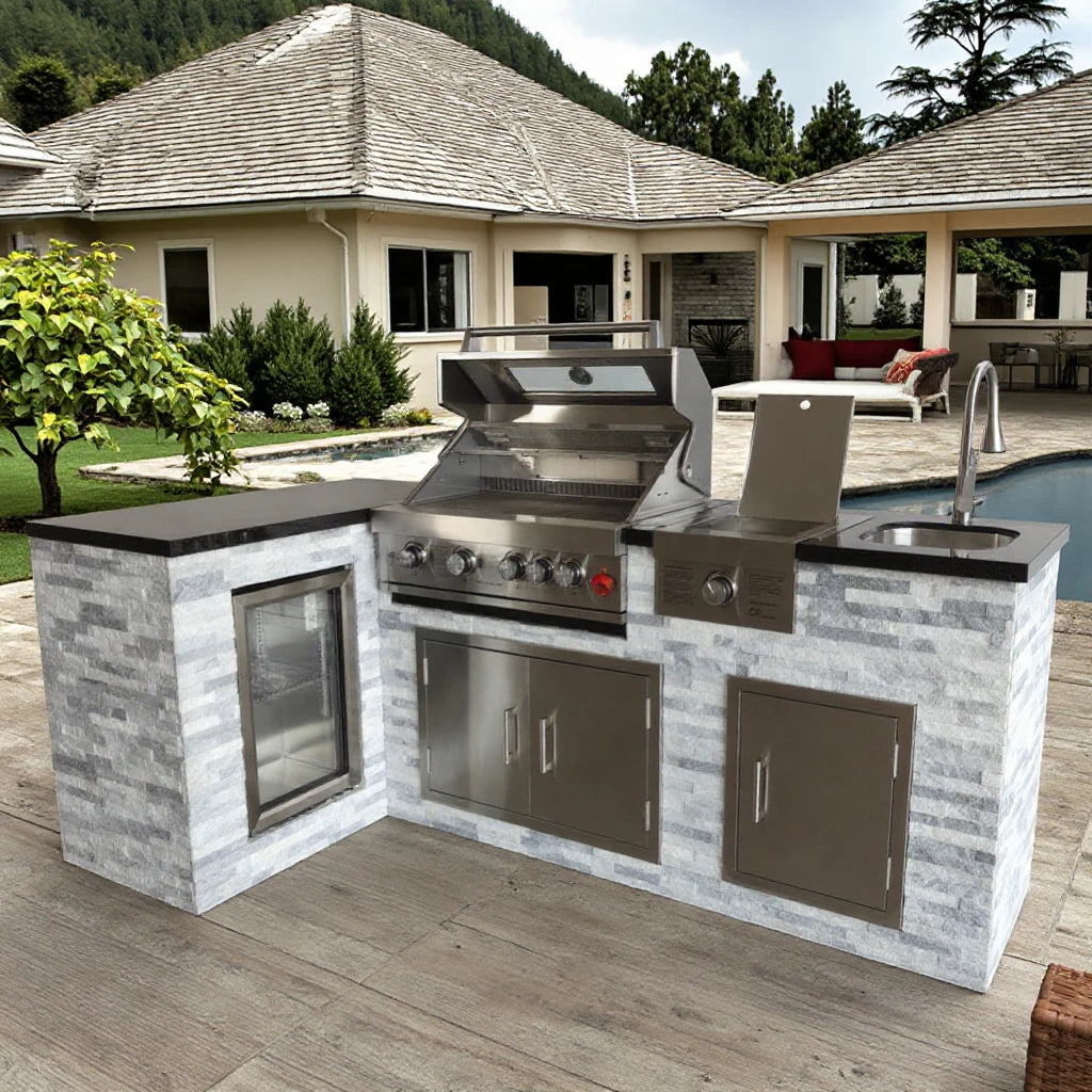 Custom Functional Garden L-Shape Kitchen with Sink Stove Chill Storage for BBQ Party Featuring a Natural Stone Wall Design
