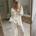 Enyami Romantic Lounge Sleepwears Heart Printed Long Sleeve Shirt Blouses Trousers Two Piece Co Ord Sets Pajamas for Women
