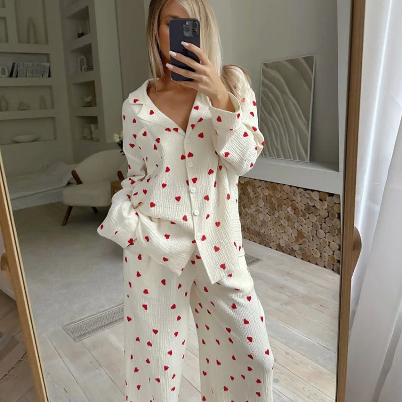 Enyami Romantic Lounge Sleepwears Heart Printed Long Sleeve Shirt Blouses Trousers Two Piece Co Ord Sets Pajamas for Women