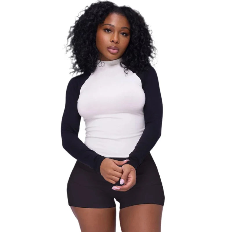 Black Long Sleeve T-Shirt & Shorts Lounge Wear Set with Bow Collar & Pattern Headband Skinny Fit Spring Clothing Made Polyester