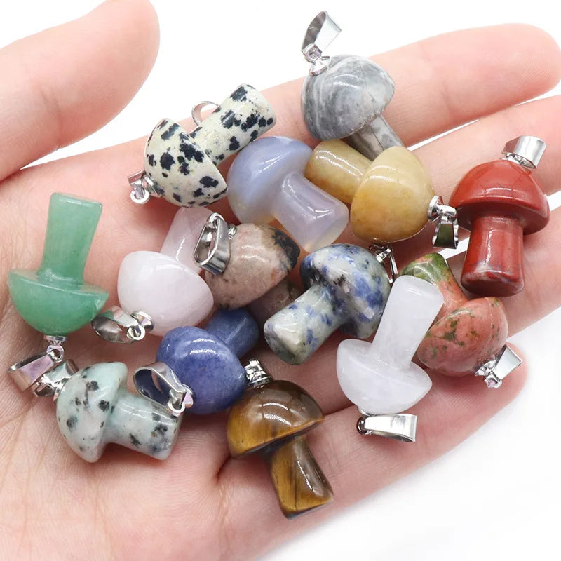 Natural Crystal Stone Mini Pendant Opalite Rose Quartz Jewelry Mushroom Necklace for Men Women Gifts