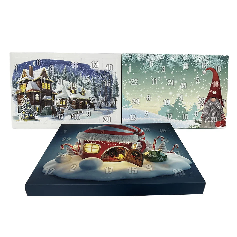 Stock Custom Snow Christmas Advent Calendar Box With Tray for Christmas Chocolate Wax Toys