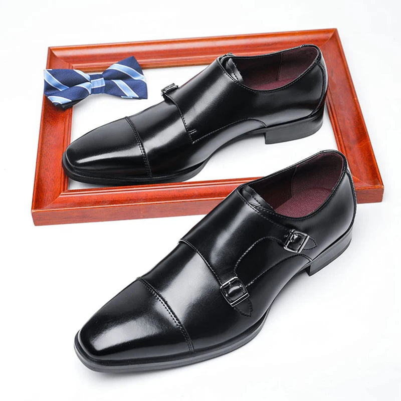 Men's Italian Leather Formal Monk Strap Oxford Dress Shoes for Office Wedding Party-Autumn Height Increasing