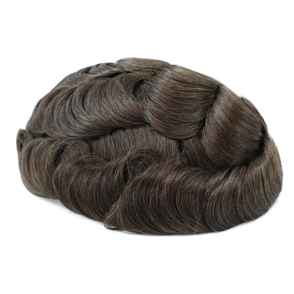 Popular Durable Polyskin 0.12-0.14mm Male Hair Unit Scallop Front Indian Human Hair Men's Toupees 30mm Wave 130% Density