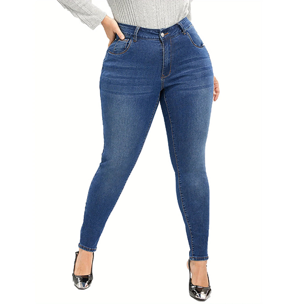 Plus Size Women's Dark Blue High Waist Stretchy Skinny Denim Jeans Full Length Casual Pencil Pants Style