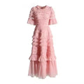 Female Fashion Clothes Solid Dresses Women O Neck Short Sleeve High Waist Spliced Folds Temperament Chic Dress