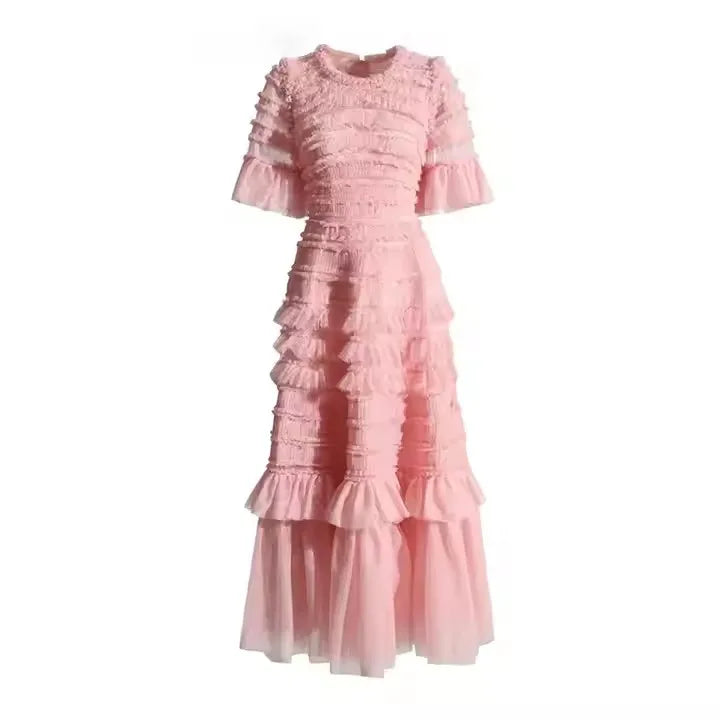 Female Fashion Clothes Solid Dresses Women O Neck Short Sleeve High Waist Spliced Folds Temperament Chic Dress