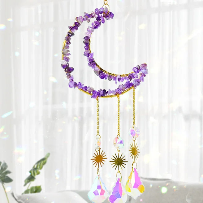Crystal Glass Prism Suncatcher Hanging Ornament Natural Amethyst Healing Stone Chips Copper Sheet Moon Shape Sun Catcher Hanging
