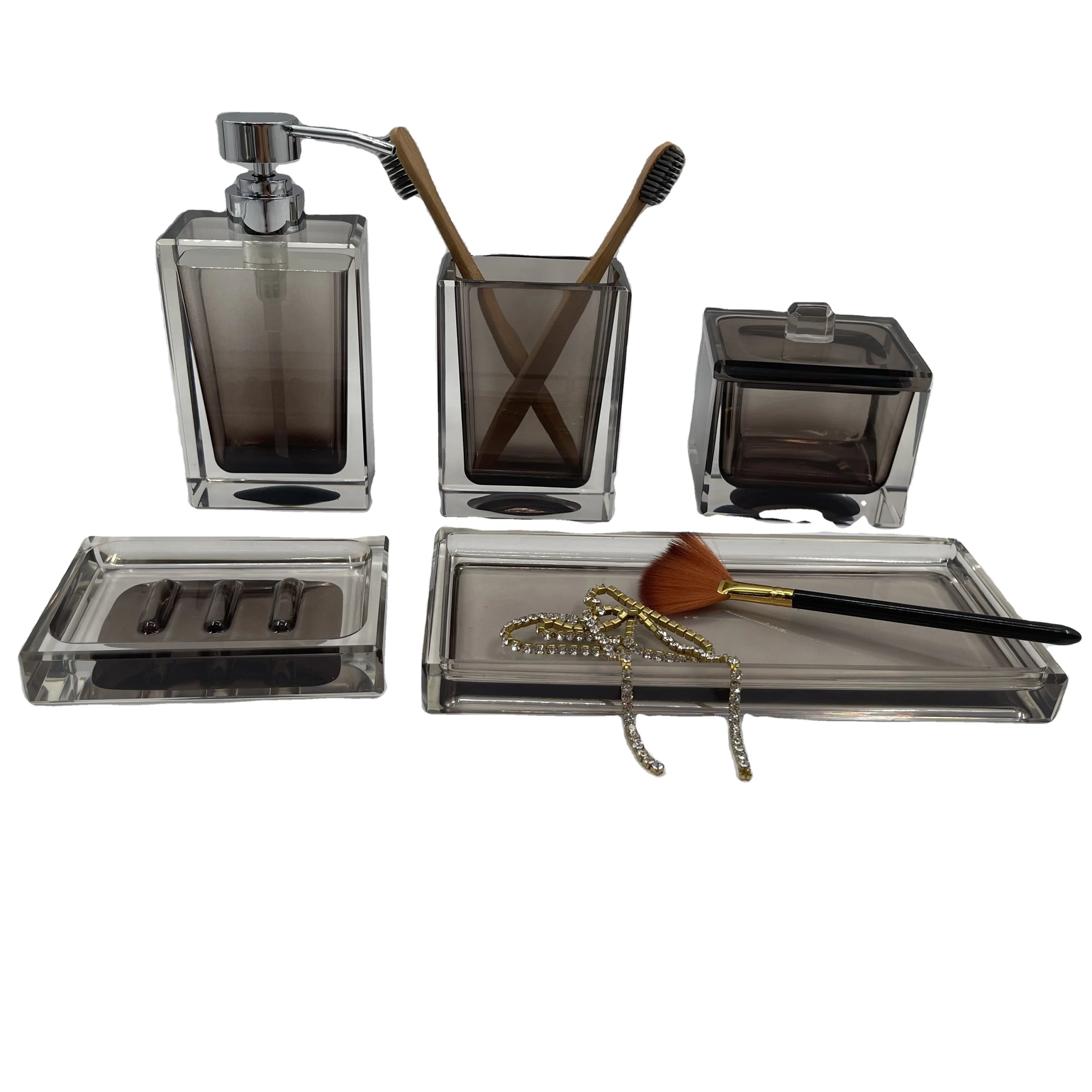 Hot Selling Square Resin Four-Piece Bathroom Accessories Set with Toothpaste Dispenser