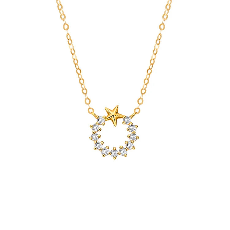 Cubic Zirconia Gold Color S925 Fashion Design Circle and Star Charm Necklace