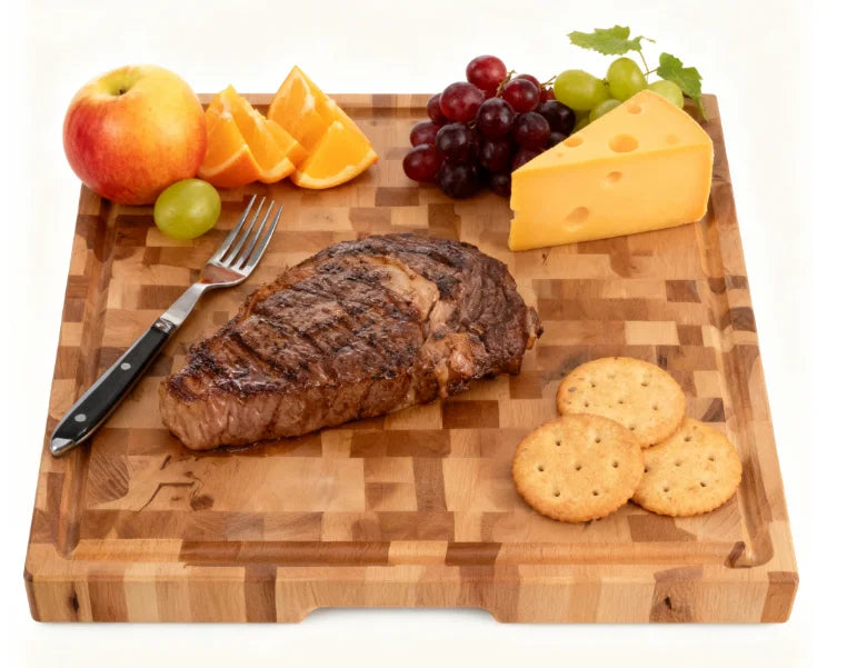Maple Butcher Block Cutting Board With Groove Recess Handles and Rubber Feet