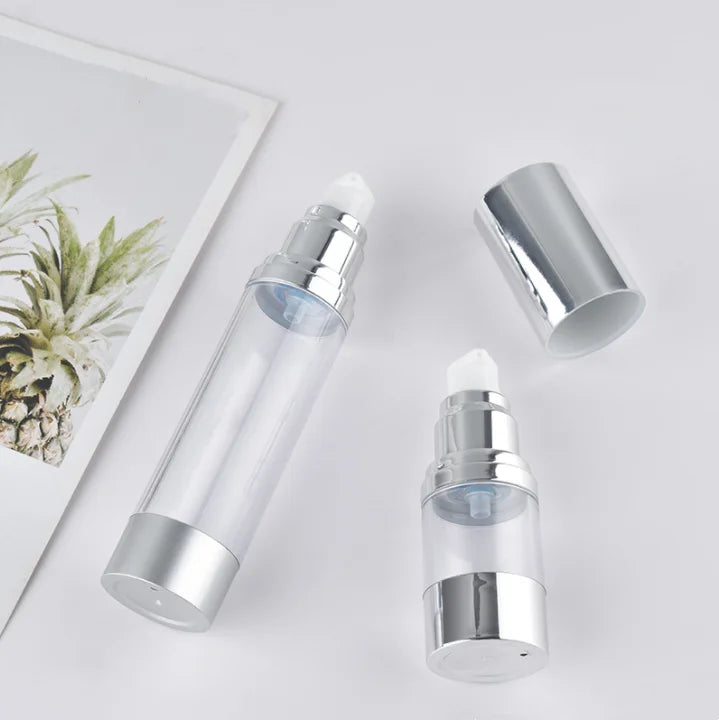 Empty Sunscreen Skincare Cosmetic Packaging 15ml 30ml 50ml Shinning Matte Silver Pump Airless Lotion Bottle