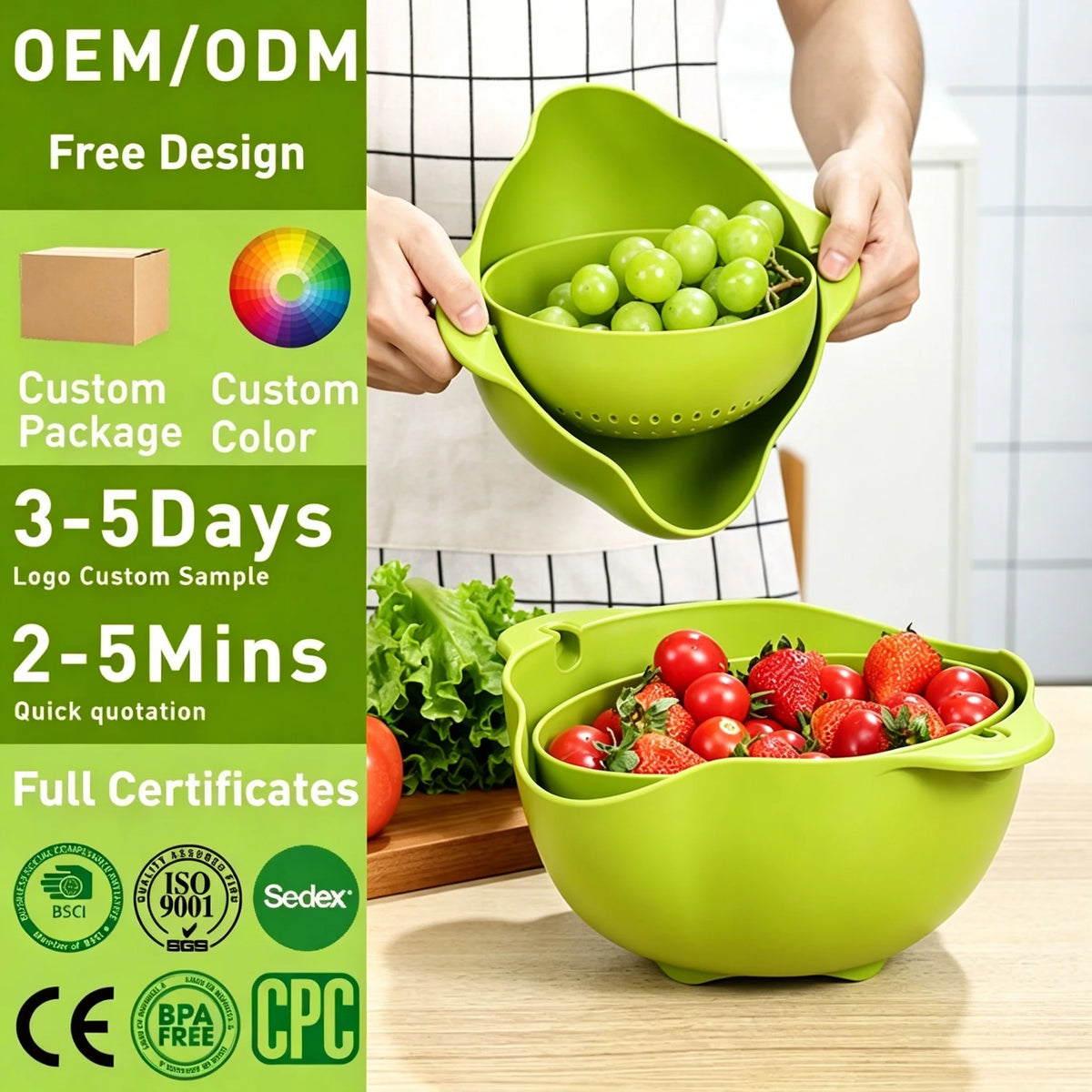 Custom Wholesale OEM ODM Kitchen 360 Degree Rotating Wheat Straw Plastic Colander and Bowl for Washing Fruits and Vegetables