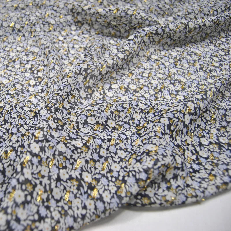 Hot Sale Good Charming 100% Silk Metallic Fabric Lurex Printing Black Flowers for Women Wedding Dresses Clothing Home Textile