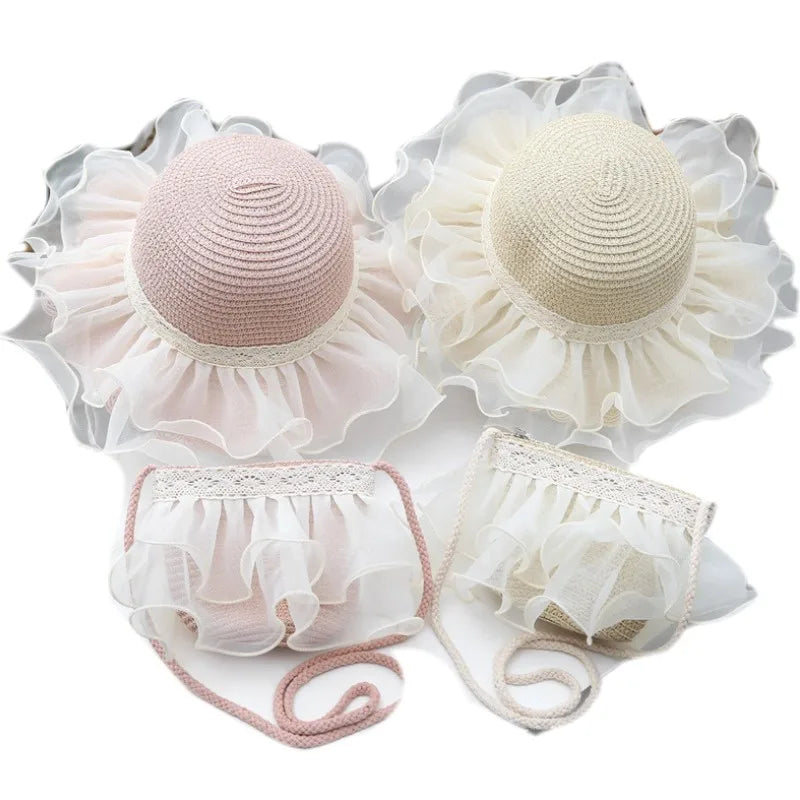 Girls Kids Straw Beach Hats and Bags Set Flower Tote Handbag Bag Girl Woman Paper Straw Hats and Beach Bag Set