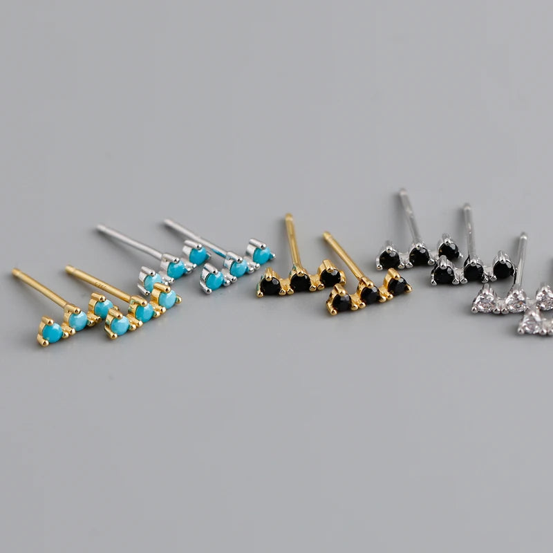 Real 925 Sterling Silver Blue Turquoise Zircon Strip Geometric Bar Stud Earrings for Women Bohemian  Office Jewelry