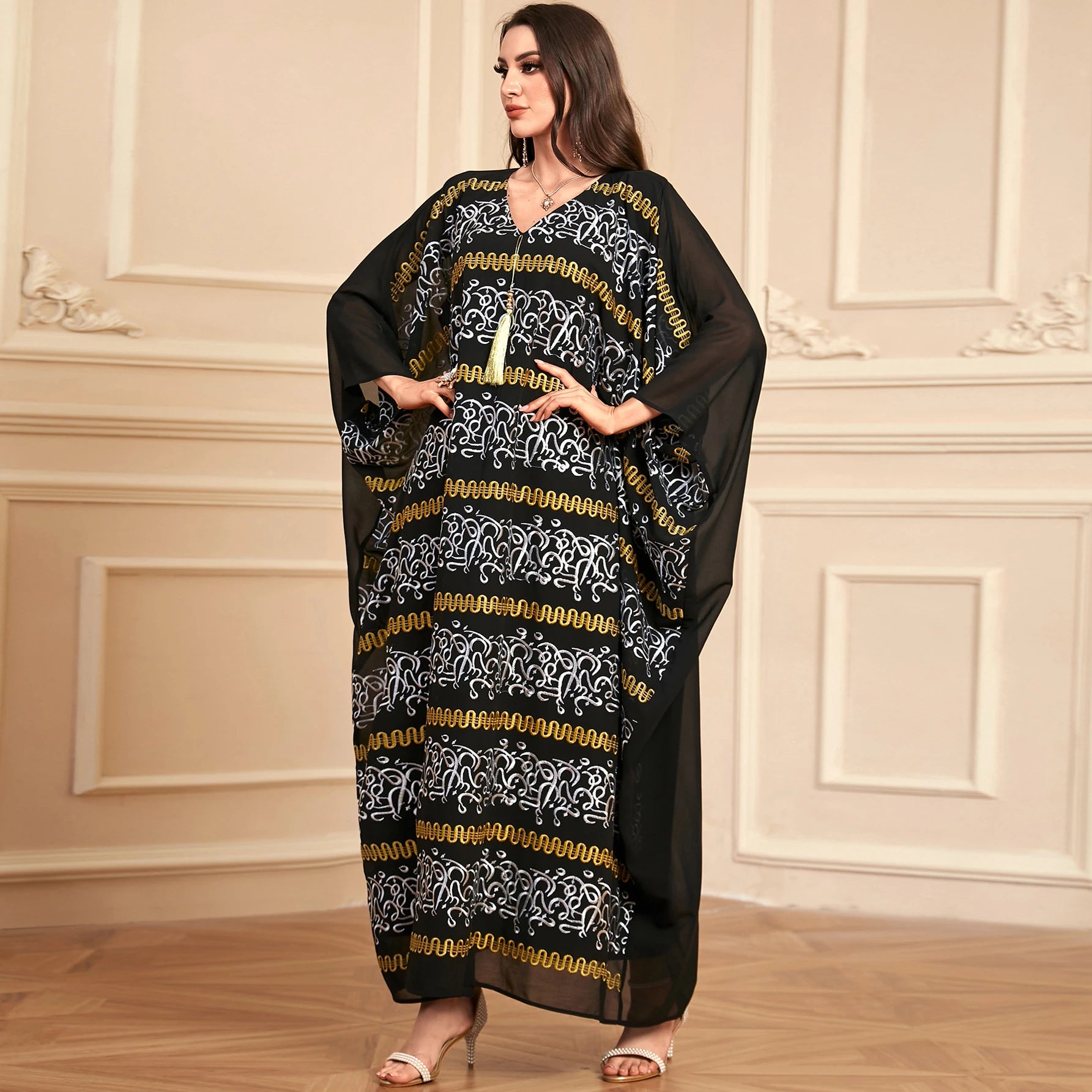 Fast Shipping Islamic Clothing Women Evening Dress Printed Long Sleeves Dubai Elegant Chiffon Gown Long Abaya Muslim Women Dress