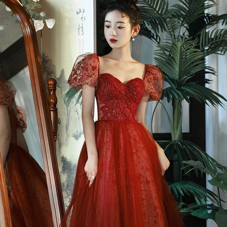 Women Party Toast Short Sleeve Temperament Red Long Maxi Evening Prom Dress