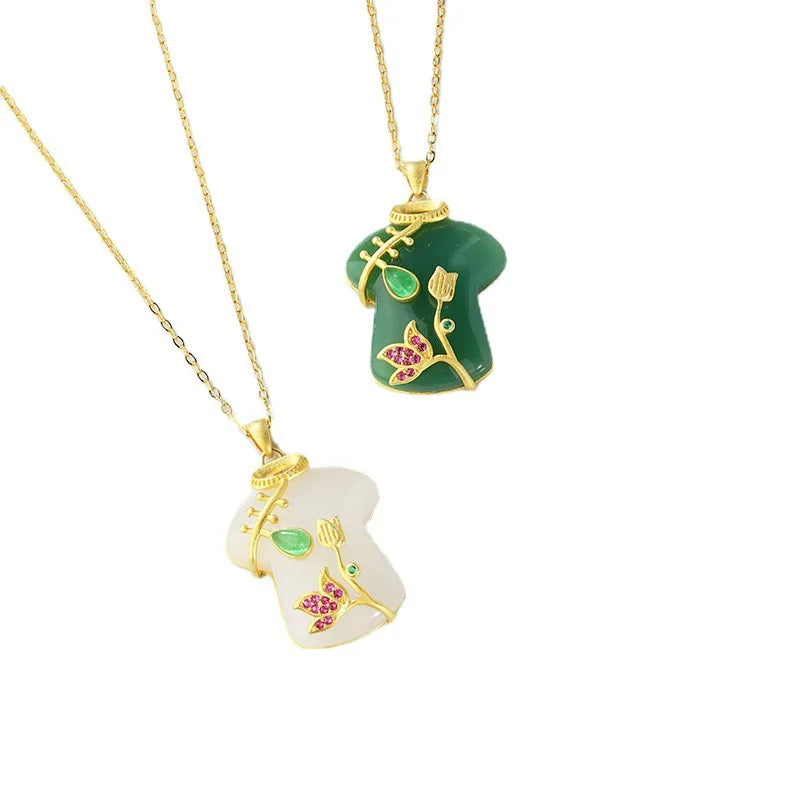 Wholesale New Fashion Creativity Vintage Jade Pendant Jewelry Cheongsam Pendant Necklace with Stainless Steel Chain for Women