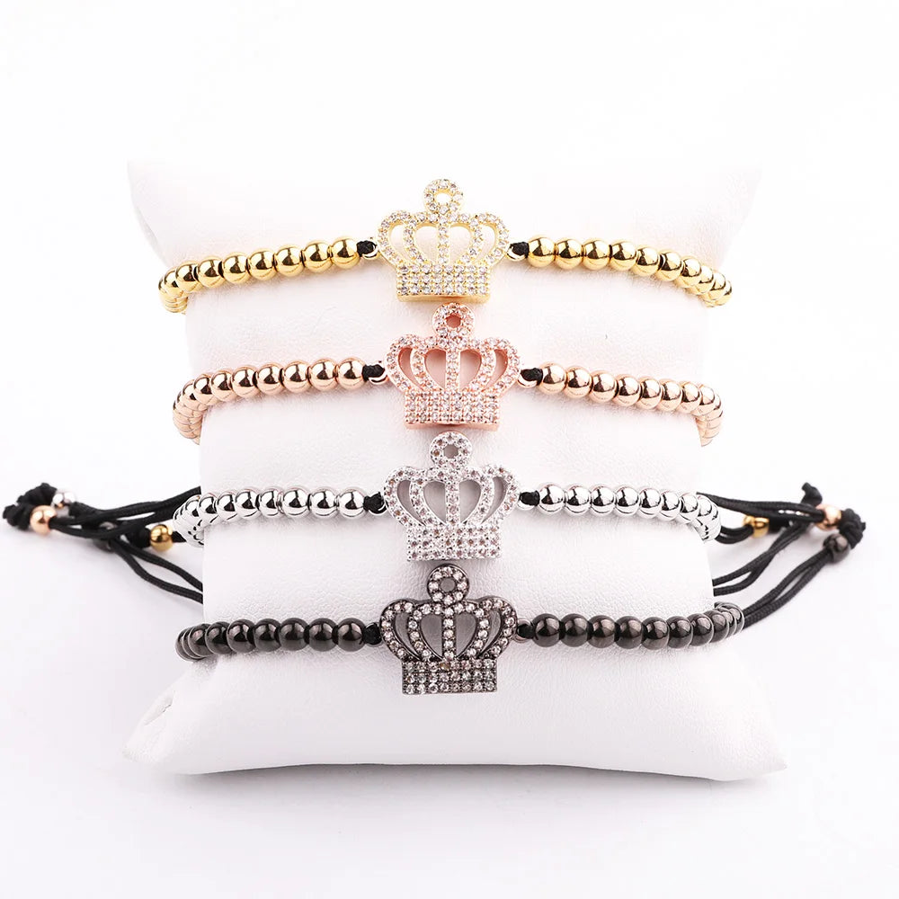 Fashion Classic Design CZ Pave Crown Charm Stainless Steel Beads Braided Macrame Friendship Bracelet Men Women